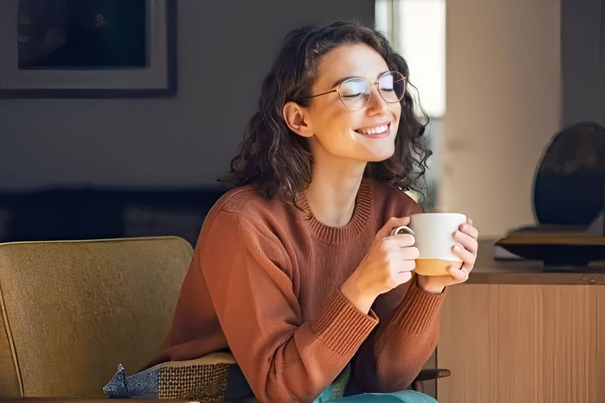 Relaxed woman sipping coffee