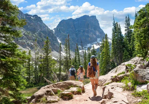 Hikers walking on a mountain trail surrounded by trees and rocky peaks.